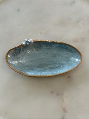 HANDMADE Sky Blue  Shell Decorative Tray with Gold Rim and Pearl Accents